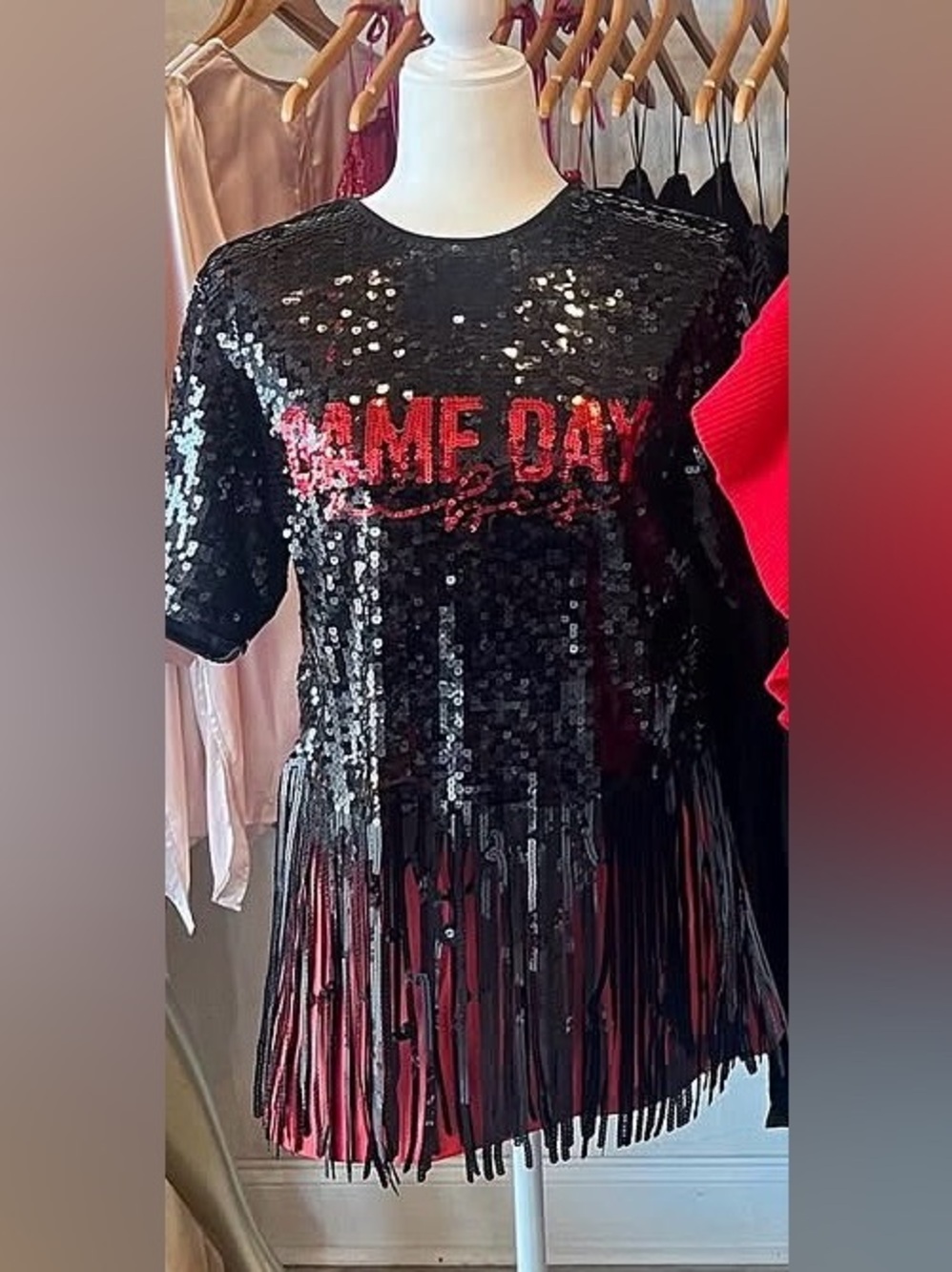 Women’s Sequin Fringe Crop Top- Black with Red Accent